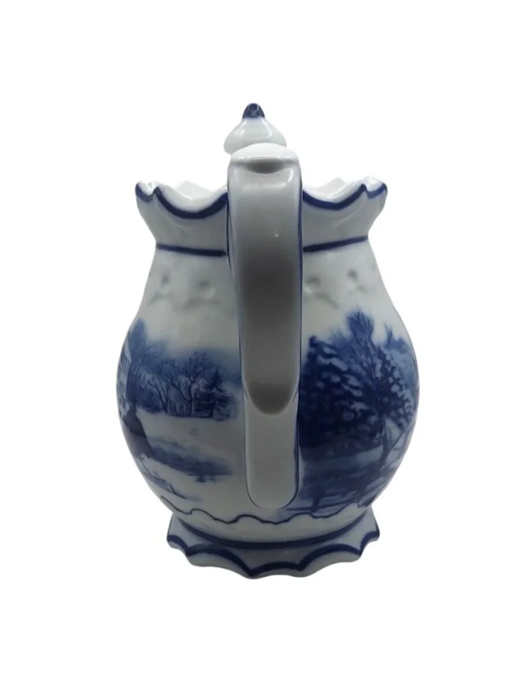 Cracker Barrel Tea Coffee Pot Blue White Porcelain Winter Sleigh Ride Vintage